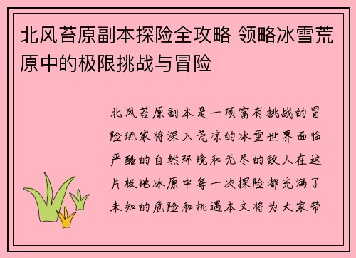 北风苔原副本探险全攻略 领略冰雪荒原中的极限挑战与冒险